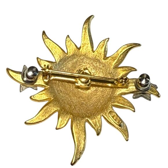 Vintage JJ Jonette Brooch Signed Gold Tone Celestial Sun Star Earrings Lapel Pin - Picture 4 of 7